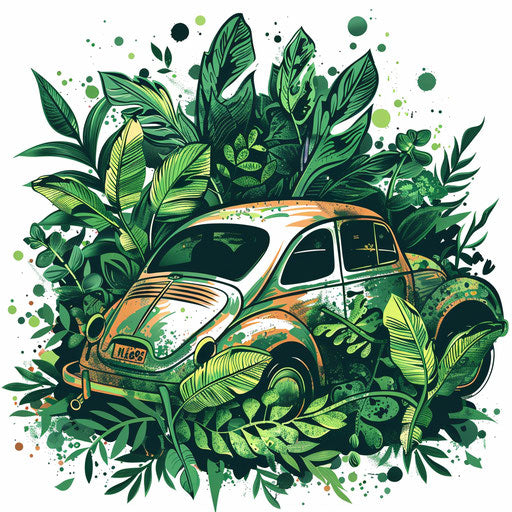 Hybrid car surrounded by green leaves and nature motifs