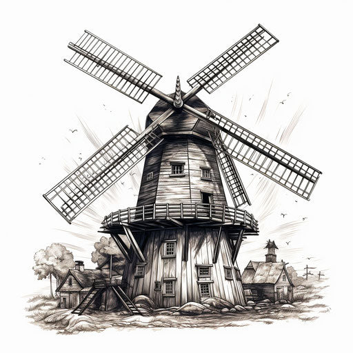 Windmill Clipart in Chiaroscuro Art Style: HD Vector, 4K
