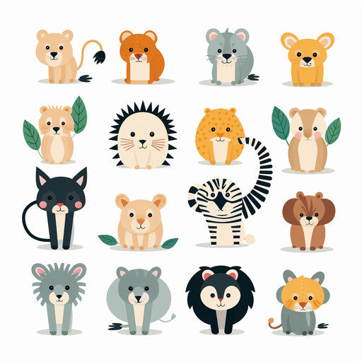 Jungle Animals Clipart in Minimalist Art Style Illustration: 4K Vector & PNG