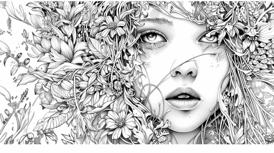 Aesthetic coloring page with floral motifs.