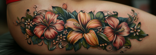 An artistic depiction of Bloom Body Art showcasing a colorful bouquet of flowers painted across a person's thigh. The design includes various types of flowers such as lilies creating a stunning visual effect