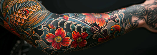 An elegant floral tattoo cover-up showcasing a mix of sunflowers, daisies, and wildflowers with delicate leaves, artfully concealing the previous ink.