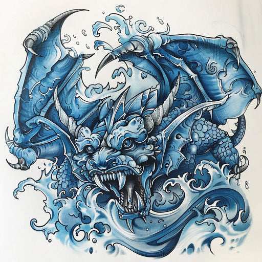 Sketch of gargoyle tattoo with oceanic blue pattern
