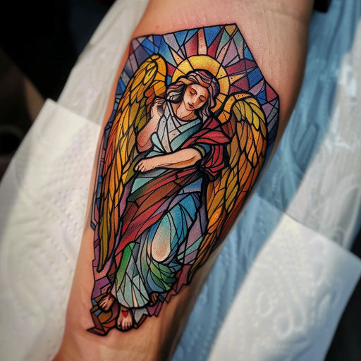 Guardian angel tattoo in stained glass style on white background