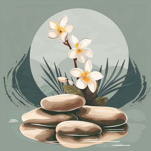 Plumeria flower in zen garden with balanced stones