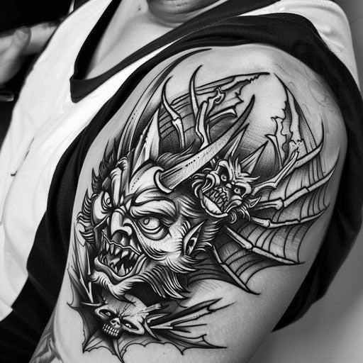 Devil and angel tattoo in black and white, sharp edges