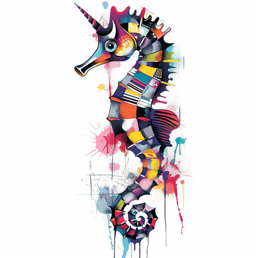 Abstract seahorse tattoo sketch in a clipart style with bright, fragmented geometric shapes