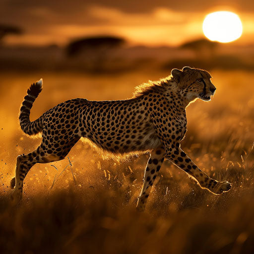 Cheetah racing with the wind in the African savannah at sunset