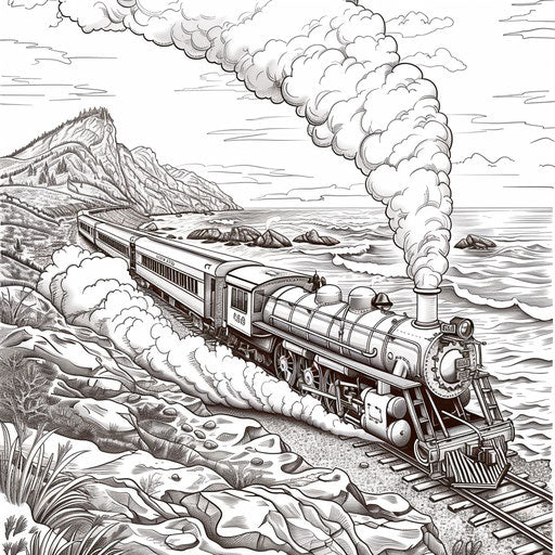 Train along the coast with crashing waves, coloring page