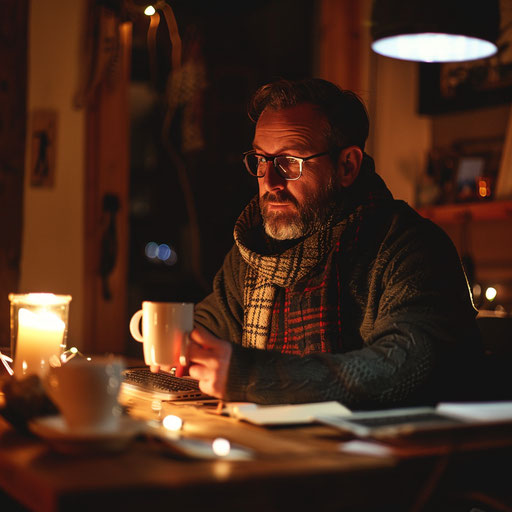 Dedicated entrepreneur working late in a cozy home office, coffee cup and focused expression