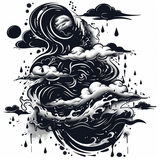 Dynamic flat tattoo sketch of a storm with motion effects