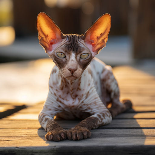 Cornish rex cat lying on a dock