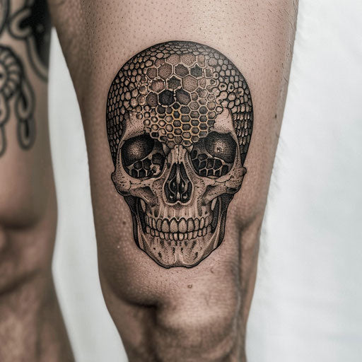Gothic honey tattoo of a skull with honeycombs, dark tones on white background