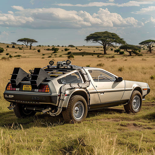 Exploring the African savannah in a 1981 DeLorean DMC-12