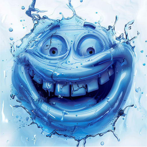 Smiling blue emotion icon with crooked jaw