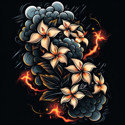 Dramatic flat tattoo sketch of plumeria in storm