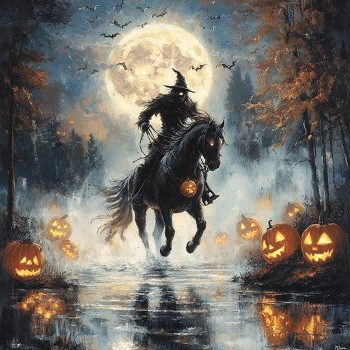 The headless horseman on a misty lake under the full moon