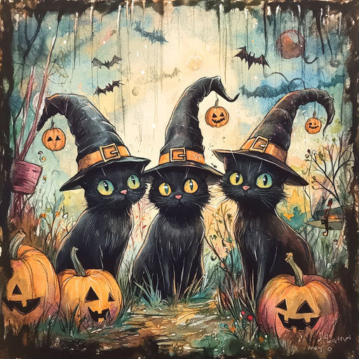 Three black cats in witches' hats, pumpkins, and Halloween decorations, Skottie Young style, vintage watercolor, muted colors, distressed edges.