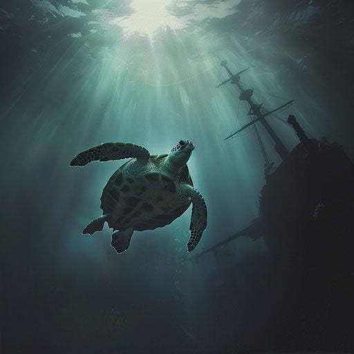 Sea turtle swimming to surface with shipwreck silhouette