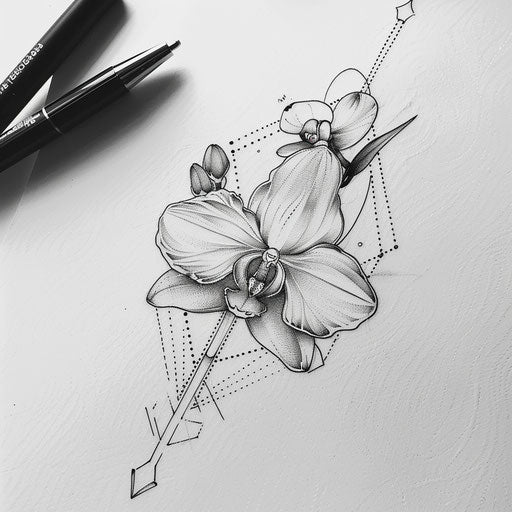 Art deco style small orchid flower tattoo drawing, with geometric shapes on white