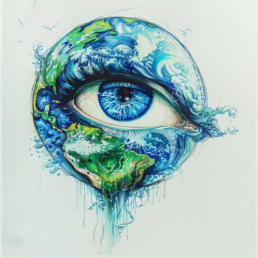 Surreal flat tattoo sketch of a globe morphing into a human eye, mystical blues and greens, clipart style