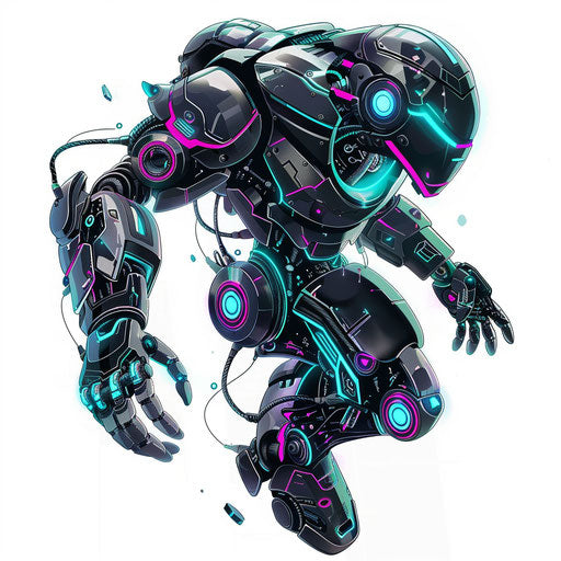 Sci-fi anime robot in battle pose with metallic and neon details, tattoo concept on white background