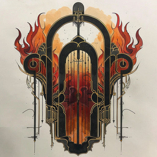 Flat tattoo sketch inspired by art deco with stylized gate of hell