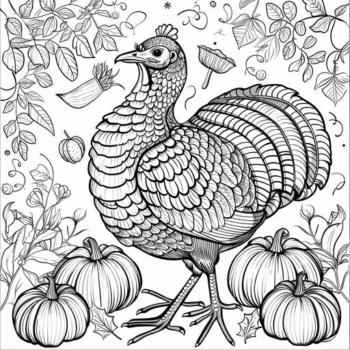 Festive turkey with pumpkins and cornucopia