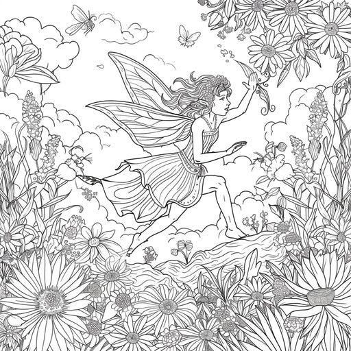 Fairy flying among flowers in a garden