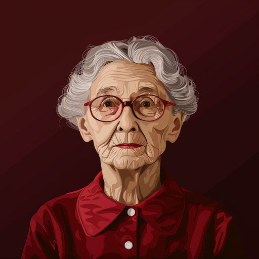 Flat maroon background with realistic old lady clipart and shadows