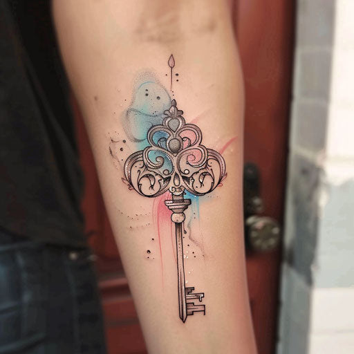Elegant tattoo sketch of a filigree key with subtle watercolor effects in soft hues