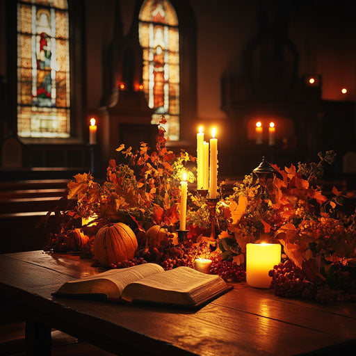 A Thanksgiving table in a rustic church, adorned with a Bible, candles, and autumn harvest symbols, glowing softly in candlelight