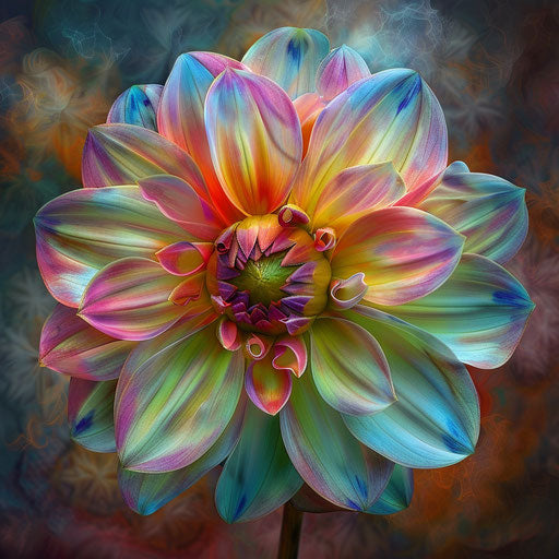 Dahlia flower with pink, yellow, red, and blue blooms