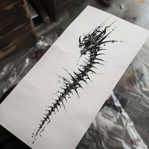 Ancient tribal spine tattoo, dark ink on white sheet