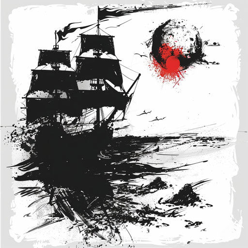 Minimalist pirate flag with red eye on black and white background