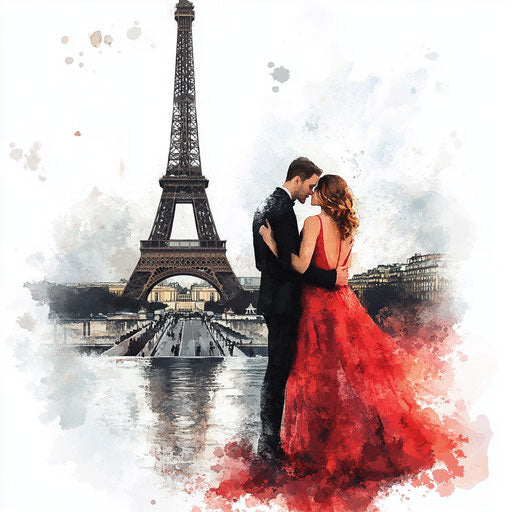 Watercolor of Paris with lovers by the Eiffel Tower