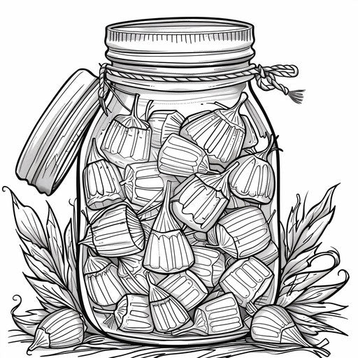 Detailed illustration of a jar filled with candy corn. Coloring book page