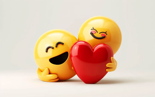 Two cute smiling emoji and a heart love smiley hugging