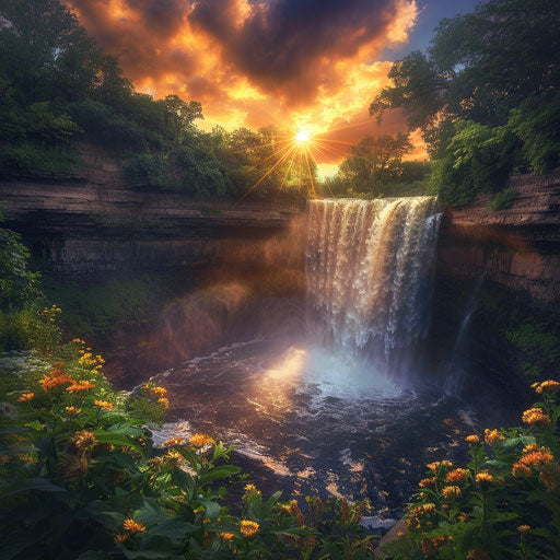 Minnehaha Falls, Minnesota, captured in dramatic evening light