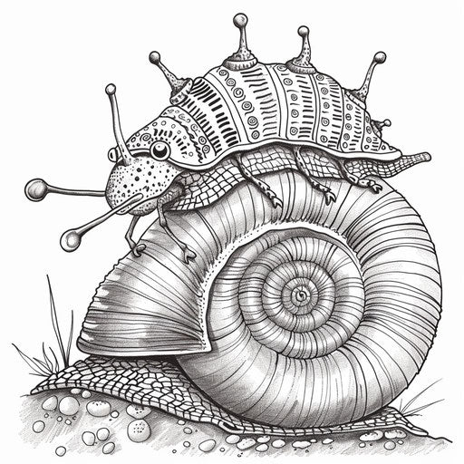 Whimsical caterpillar riding on a snail's back