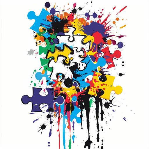 Ink splatter tattoo design with autism puzzle pieces on white background