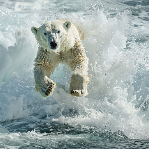Polar bear diving into icy waters with splash