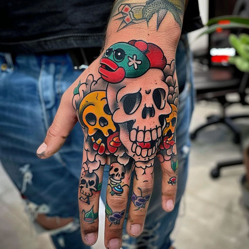 Skull hand tattoo in the style of Steve Sack featuring humorous cartoon characters