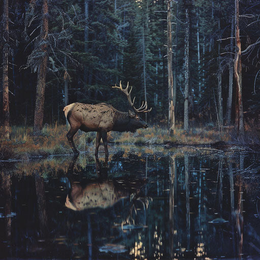 Reflection of an elk in the still water of a forest pond at twilight