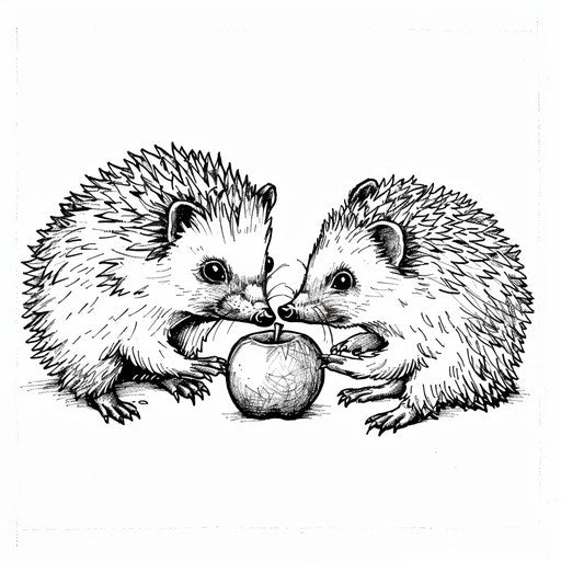 Sweet hedgehogs with apples in the style of Stephen Wiltshire Coloring book page