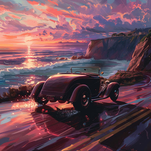 Vintage roadster on coastal highway at sunset