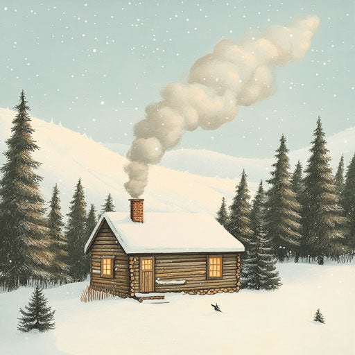 Mountain cabin with chimney smoke and snow-covered pines