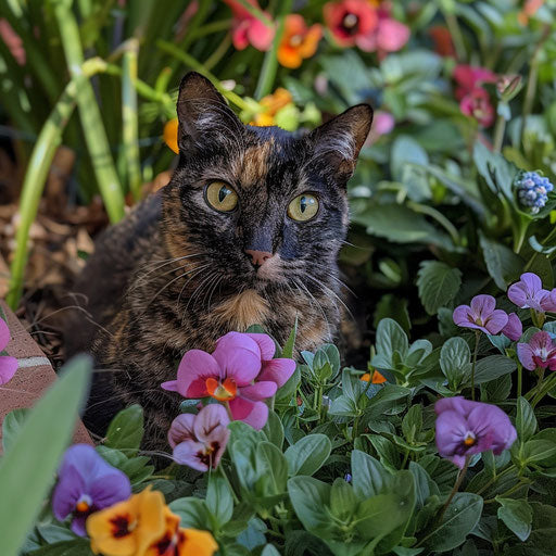 Tortoise cat in a flower bed with beautiful flowers