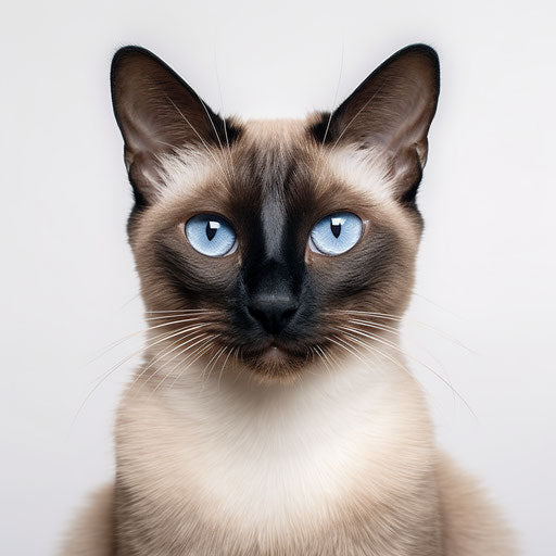 Female Siamese stray small brown white cat, on isolated white background, in the style of Karen Knorr