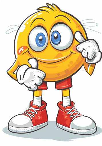 Yellow smiling face with blue eyes, thinking, cartoon style